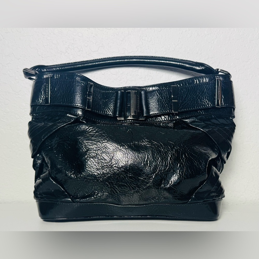 Burberry Black Patent Leather Bag Top Handle Beat Check Medium Size